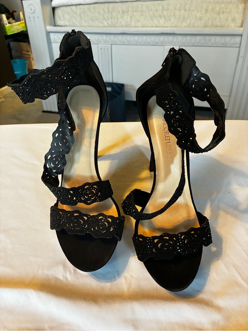 Women's Black Floral Cutout Ankle-Strap Heels